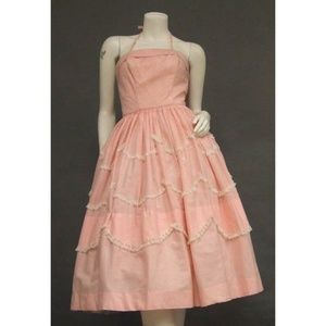 Vintage Pink Gingham 1950's Halter Dress Lace Trim
